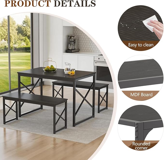 VECELO 43.3" Kitchen Dining Table Set for 4, Heavy-Duty Steel Frame & Wood-Grain Tabletop, Space-Saving Dinette Sets with 2 Benches for Breakfast Nook and Small Space, Black