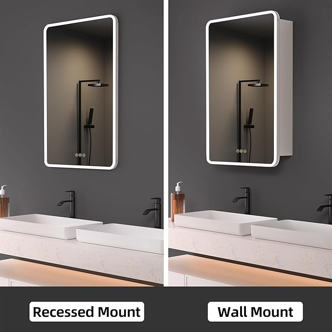 Medicine Cabinet with LED Lights and Mirror, 24 x 30 Inch Surface or Recessed Mounted Bathroom Cabinets with Door, Defogger, Memory Function, 3-Color Mode, Outlet&USB, Dimmer, Storage Shelf