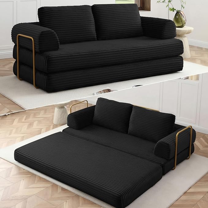 HANXIN 80 Inch Convertible Sleeper Sofa Bed, High Back Plush Corduroy Folding Floor Mattress Couch with Fixed-Shape Frame, Boneless Futon Loveseat with Pull Out Bed, No Assembly Required (Black)