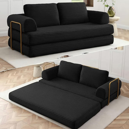HANXIN 80 Inch Convertible Sleeper Sofa Bed, High Back Plush Corduroy Folding Floor Mattress Couch with Fixed-Shape Frame, Boneless Futon Loveseat with Pull Out Bed, No Assembly Required (Black)