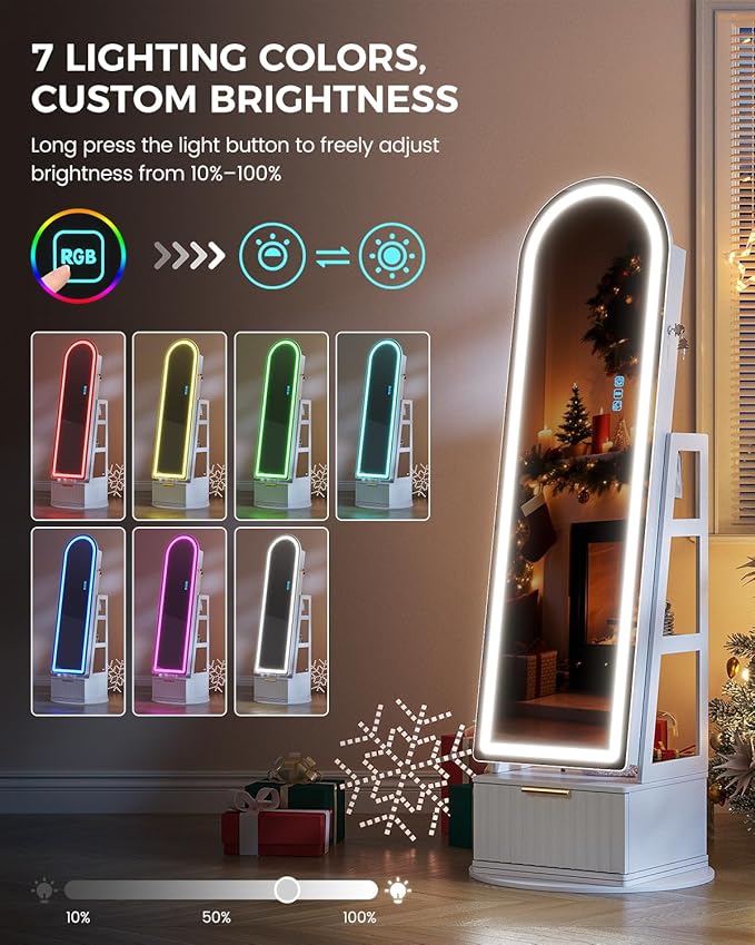 Dystler Arched Jewelry Cabinet with RGB Full-Length Mirror, 360° Swivel Standing Jewelry Armoire with Shelves & Drawer, Lockable Jewelry Organizers and Storage with Remote Control, White