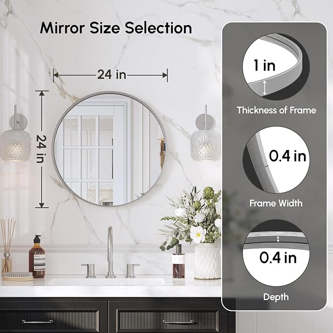 USHOWER Brushed Nickel Bathroom Mirrors for Over Sink, 24 Inch Circle Mirror with Metal Frame, Wall Mirror for Vanity, Entryway, Living Room, Hallway and Bedroom Decor