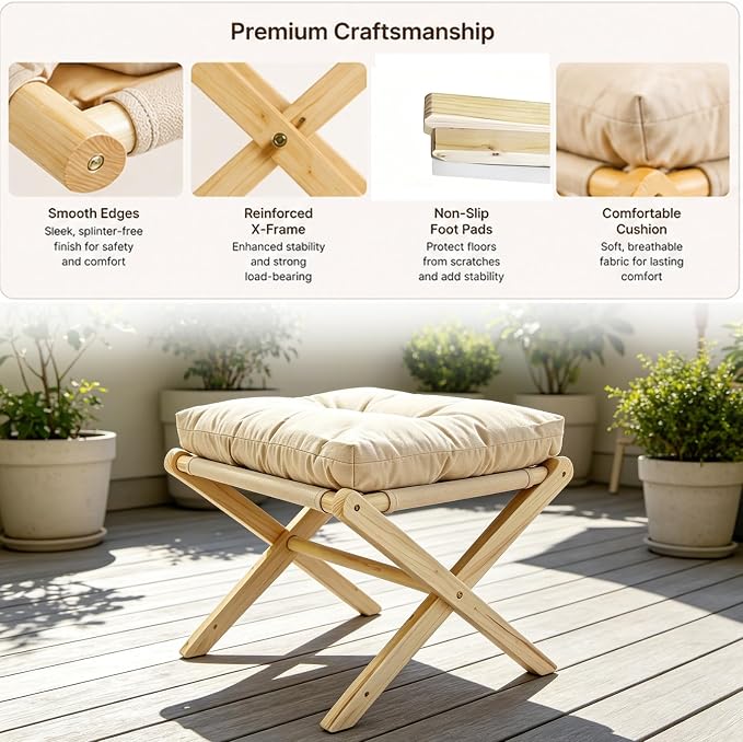 Foldable Foot Stool Ottoman,Bamboo Foldable Stool, Foot Stools Small Ottman with Upholstered & X Legs,Small Ottoman Stool Chair for Bedroom Living Room, Footstool for Chair Couch
