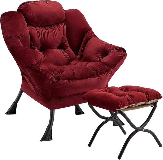 Lazy Chair with Folding Ottoman Modern Large Accent Chair,Contemporary Lounge Leisure Sofa Chair with Armrests Upholstered Sofa Armchair Reading Chair for Bedroom,Dorm&Office (Dusty Rose-f)