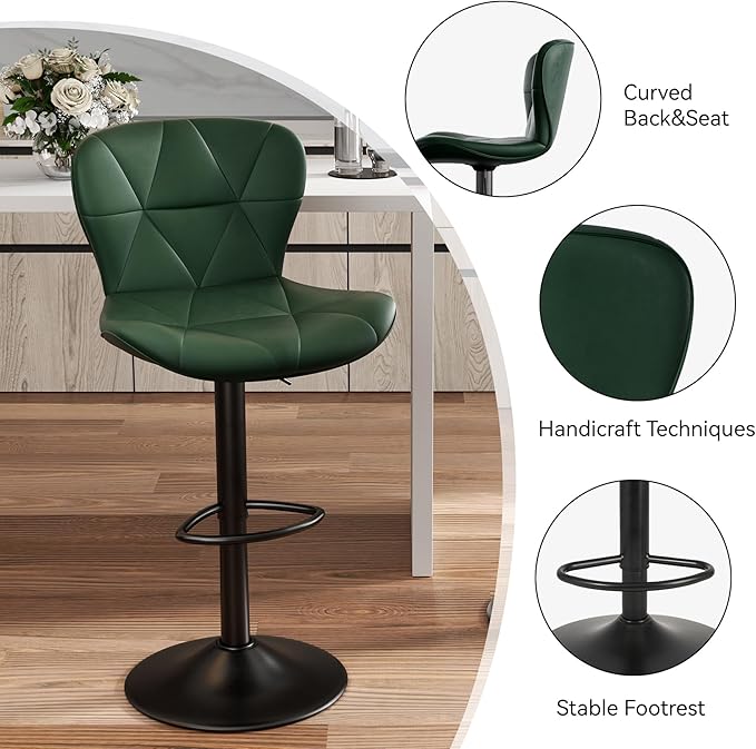 Nalupatio Modern Bar Stools Set of 4, Adjustable Faux Leather Upholstered Swivel Bar Stools, Counter Bar Chairs with Back for Kitchen Island, Green