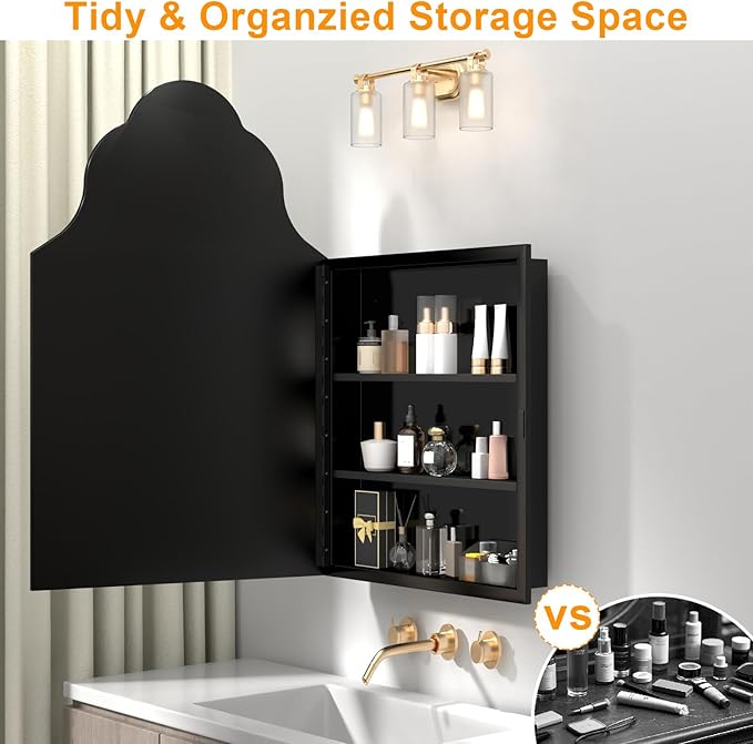 20"x32" Irregular Medicine Cabinet with Mirror, Recessed or Surface Mount Black Arched Medicine Cabinet for Bathroom, Artistic Decorative Mirror with Storage, Full Metal, Easy Installation