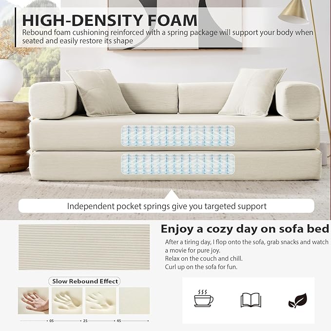 HANXIN 78 Inch Convertible Sleeper Sofa Bed, Folding Floor Mattress Couch with Fixed-Shape Frame, Futon Boneless Couch Lounge Loveseat with Pull Out Bed, No Assembly Required (Beige)