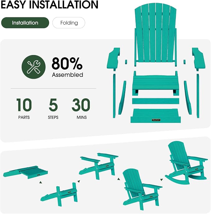 Adjustable Adirondack Rocking Chair Set of 2 with Retractable Ottoman Footrest, 4-in-1 Foldable HDPE Outdoor Rocker, Weather Resistant Adirondack Chair for Porch, Garden & Poolside, Lake Blue