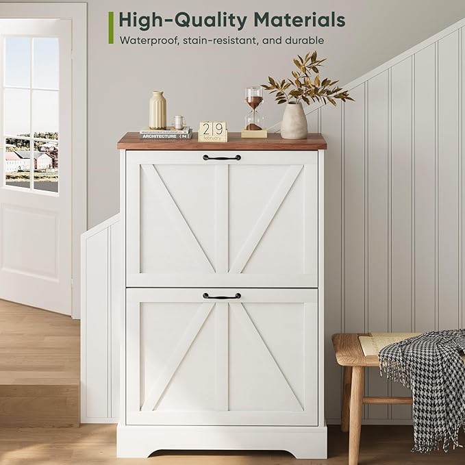 Smart FENDEE Shoe Cabinet, Shoe Storage Cabinet for Entryway with 2 Flip Drawers, Narrow Farmhouse Shoe Organizer Cabinet, Slim Shoe Rack Cabinet, White