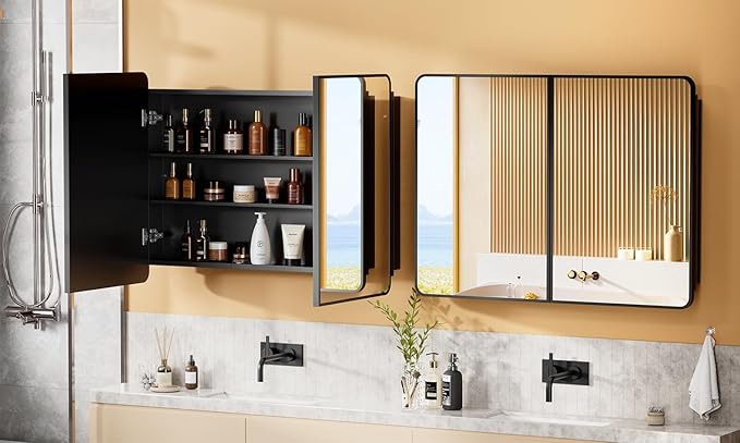 ACEMIRO 40x30 Inch Black Medicine Cabinet Mirror Metal Framed Recessed Bathroom Medicine Cabinets with Mirror and Storage Wall Mounted