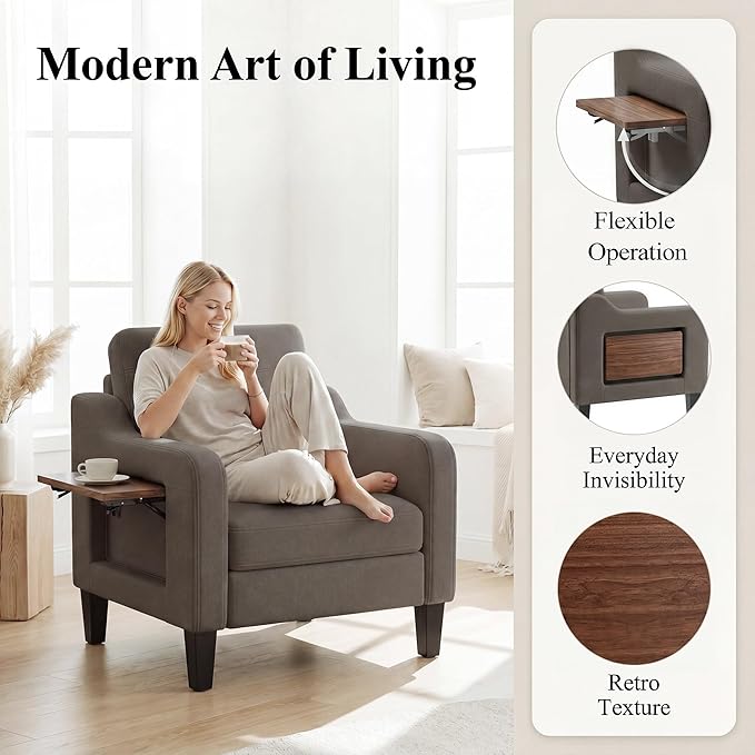 Accent Chair for Living Room, Mid-Century Upholstered Armchair with Foldable Table & 2 Side Pockets, Modern Linen Wooden Sofa Chair for Bedroom & Reading Room, Brown