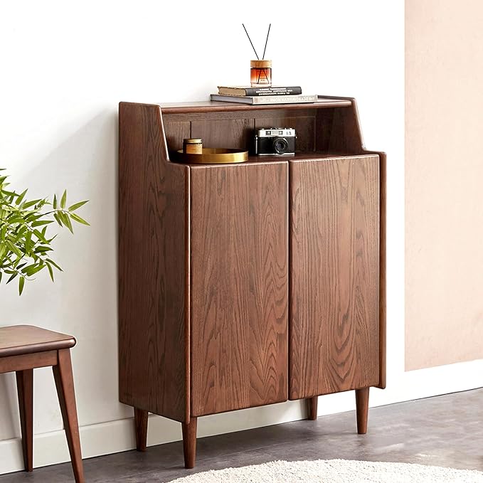 Solid Wood Shoe Cabinet with Doors, Shoe Storage Cabinet with 4-Tier Adjustable Shelves, Mid Century Modern Shoe Rack Cabinet for Entryway, Hallway, Oak Wood, 13.8" x 31.5" x 43.3", Walnut