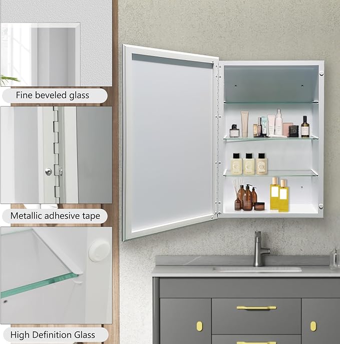 16x26 inch Medicine Cabinet with Mirror, Recessed Medicine Cabinet or Surface Wall Mount Plastic Bathroom Cabinets with Removable Shelves, Beveled Edge Mirror Cabinet
