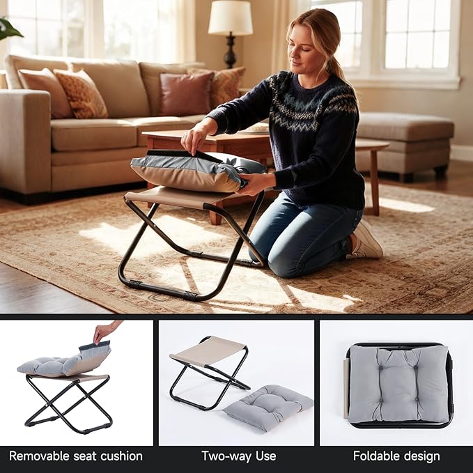 Welnow Folding Foot Stool, Upholstered Small Accent Ottoman with Detachable Thick Cotton Cushion, Padded Sofa Stool with Straight Metal Legs for Lazy Chair, Living Room, Bedroom, Light Grey
