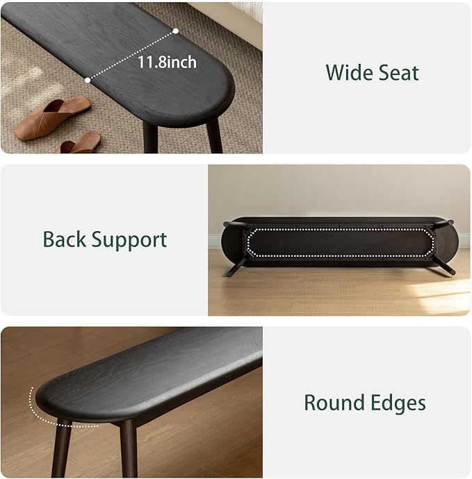 47'' 100% Solid Oak Wood Dining Bench,Rounded Corner Baguette Shape Chair Surface Design,Entryway Bedroom Bed End Bench (47.3inch, Black)