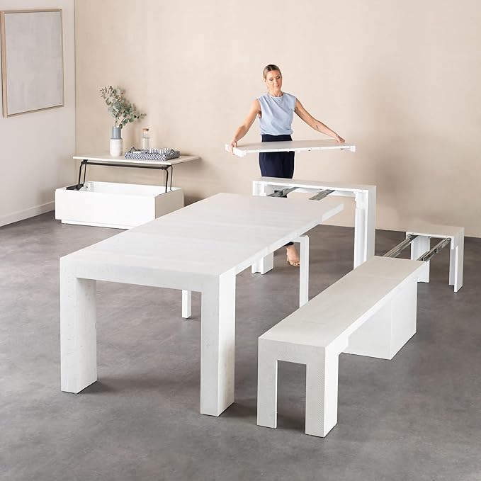 Transformer Table - Solid Wood Extendable Dining Table, Seats 2-12, Expandable Dining Room Table, Space-Saving Furniture, Kitchen and Dining Room Furniture (White, Table + Bench + Coffee Table)