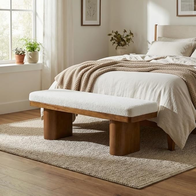 Christopher Knight Home 55" Chenille Upholstered Bench with Solid Rubber Wood Legs, Modern Farmhouse Bedroom Bench, Padded Entryway Bench Seat, Dining Bench for Living Room End of Bed, Beige