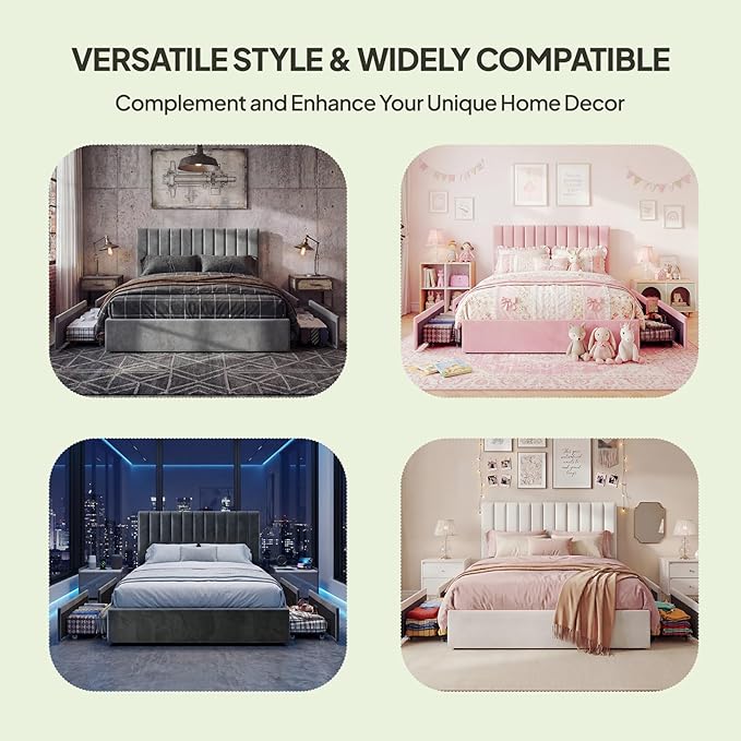 Welzona Queen Upholstered Bed Frame with 4 Storage Drawers, Velvet Upholstered Metal Platform Bed with Vertical Tufted Headboard, 3-Level Height, Metal Slat Support, Noise-Free Easy Assembly, Grey