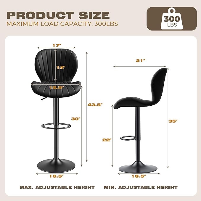 GRUSIGN Bar Stools Set of 2, Modern Swivel Adjustable Bar Chairs, Faux Leather Upholstered Counter Height Bar Stools with Backrest, Comfort Barstools for Kitchen Island, Home Bar, Black