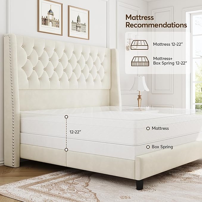 Queen Bed Frame with 55" Tall Headboard, Upholstered Bed Frames, Soft Fabric, Button Tufted Headboard with Windback, Platform Bed, Noise-Free, No Box Spring Needed, Beige