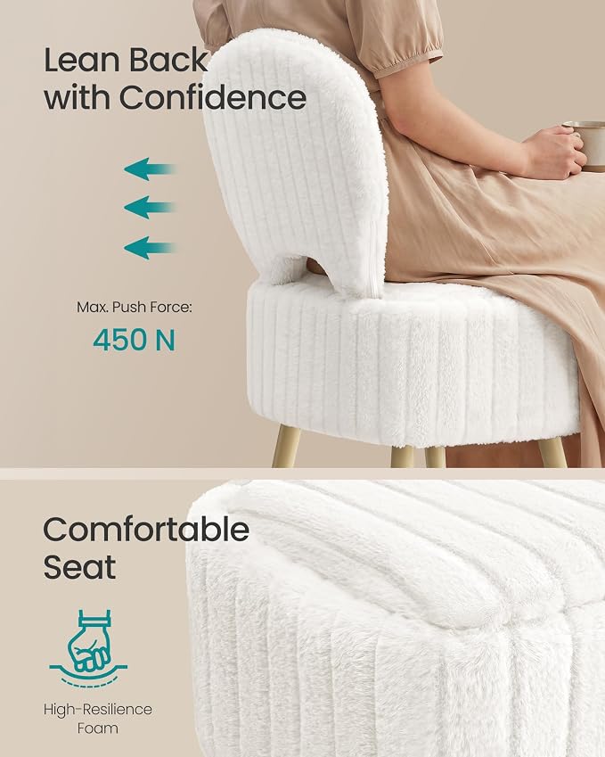 SONGMICS Small Vanity Chair with Storage and Folding Back, Vanity Stool, Footrest Footstool Ottoman, Dressing Table Stool, Furry Padded Seat, for Makeup Room, Bedroom, Cream White ULOM532WD01