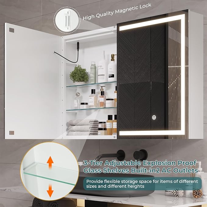 DICTAC Medicine Cabinet with Mirror and LED Light, Wall Mounted Bathroom Mirror with Storage, 3 Doors Bathroom Wall Cabinet, Memory Dimmable 3 Color Temp, Adjustable Shelves, 35.4''x23.6''