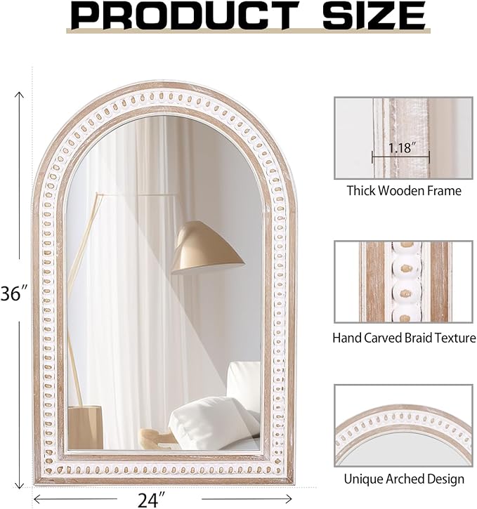 36x24 Inch Rustic Farmhouse Arched Wall Mirror with Beaded, Boho Decorative Arch Mirror for Bathroom Over Sink, Living Room, Entryway, Hallway