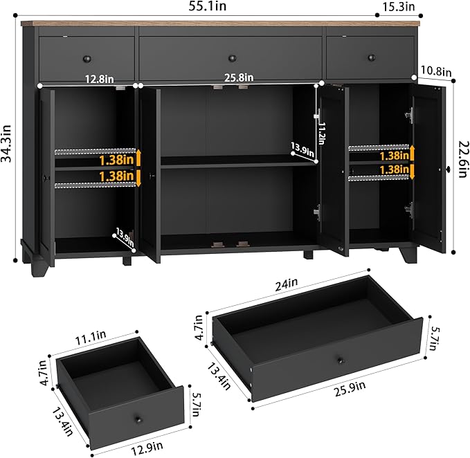 HIFIT 55" Large Kitchen Buffet Cabinet with Storage Drawers, Farmhouse Sideboard Buffet Table Storage Cabinet with Doors and Shelves, Wood Coffee Bar Cabinet for Kitchen Dining Living Room, Black