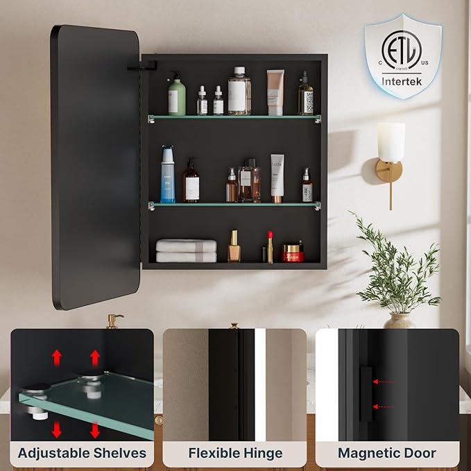 20x28 Inch Medicine Cabinet with Mirror, Recessed or Surface Mount Bathroom Medicine Cabinet with LED Lights, Anti-Fog, Memory Function, Adjustable Shelf, Dimmable Light, ETL Listed, Black,Left Hinge