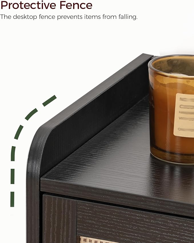 CHOEZON Nightstand, End Table with Charging Station, Side Table with Rattan-Style Drawer and Storage Shelf, Modern Sofa Table with 1 AC Outlet and 2 USB Ports, for Bedroom, Black MBZ01UBB