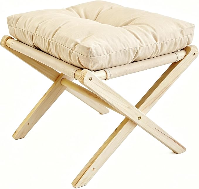 Foldable Foot Stool Ottoman,Bamboo Foldable Stool, Foot Stools Small Ottman with Upholstered & X Legs,Small Ottoman Stool Chair for Bedroom Living Room, Footstool for Chair Couch