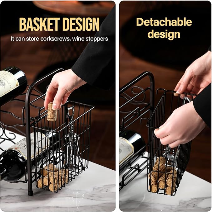 Wine Rack, 2-Tier 8 Bottles Wine Racks with Cork Holder Countertop Cabinet Wine Holder Wine Storage Shelf for Pantry Kitchen Bar Black
