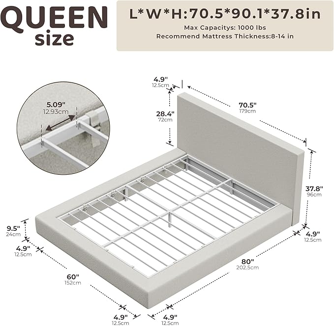 RECCI AirFrame Queen Bed Frame with Headboard, Cloud Upholstered Platform Bed Frame, 5 Inch Foam Cushioned, No Box Spring, Easy Assembly(Cream Boucle)