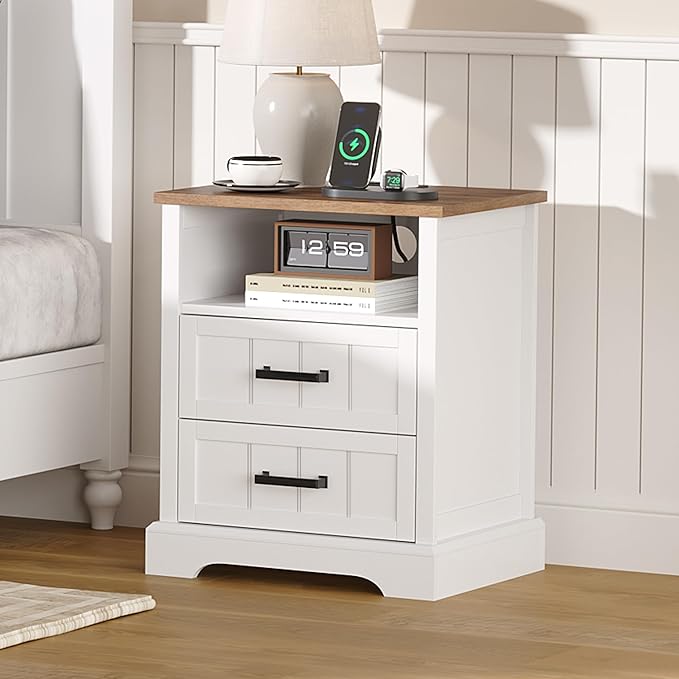 ChooChoo Farmhouse Night Stands with Charging Station, Wood Nightstand Set of 2 with 2 Drawers, Bedside Table with Open Storage Shelf for Bedroom, White