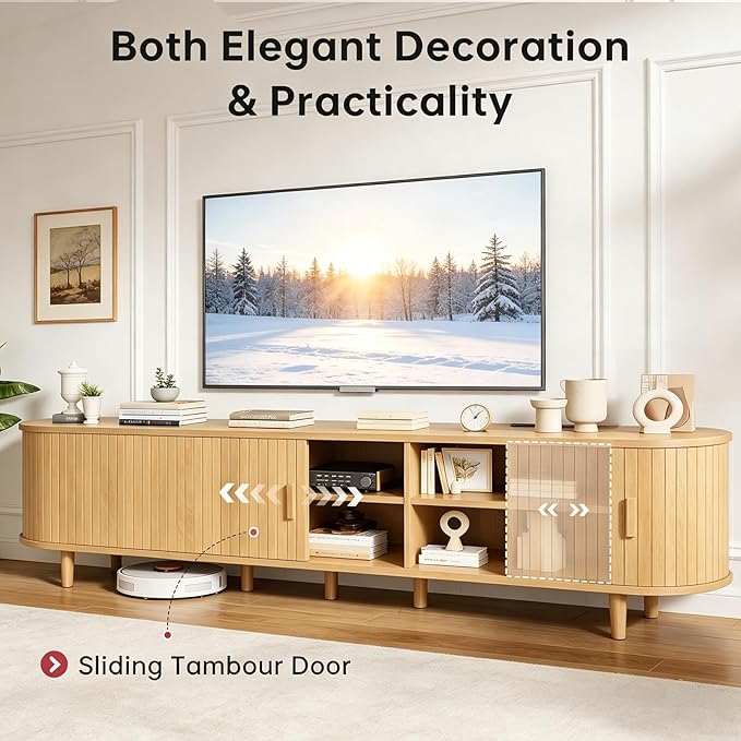 80" Mid Century Modern TV Stand, Wood TV Consoles with Sliding Doors and Power Outlet, Entertainment Center with Adjustable Shelves, Fluted TV Stands for Living Room, Oak