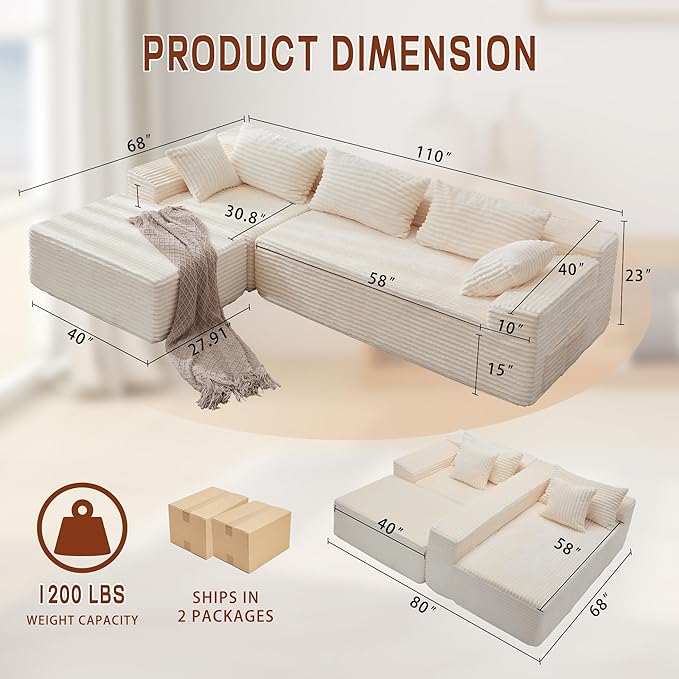 Korser 110" L-Shaped Modular Sectional Sofa with Chaise, Boneless Comfy Corduroy Fluffy Couch with Deep Seat and Side Pockets, Flexible Module Combination for Living Room, No Assembly, Side Pockets