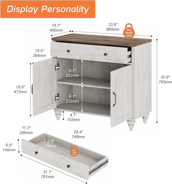 WAMPAT Buffet Cabinet with Doors & Drawer, Large Coffee Bar Table Wood Kitchen Storage Cabinets with Storage Cabinets, Modern Farmhouse Sideboard Credenza for Dining Room, Rsutic White, 34 inch