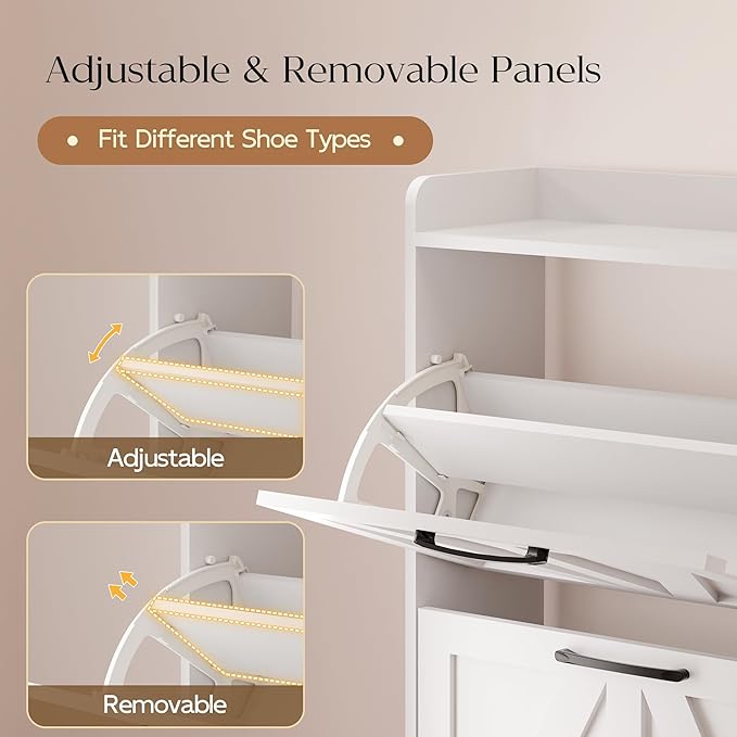 MU Shoe Storage Cabinet with 4 Flip Drawers, Freestanding Shoe Cabinet, Slim Shoe Organizer with Wood Legs for Entryway, White