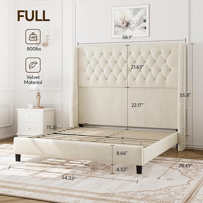 Full Bed Frame with 55" Tall Headboard, Upholstered Bed Frames, Soft Fabric, Button Tufted Headboard with Windback, Platform Bed, Noise-Free, No Box Spring Needed, Beige