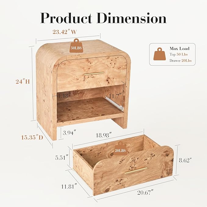 Night Stand Set of 2 [Unique Curved Profile] [FSC-Certified Wooden Board] 2-Drawer Nightstand 24" H Metal Handle Modern Sturdy Bedside Table Side Table End Table