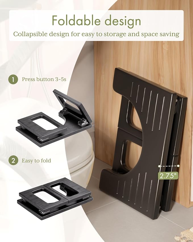 AmazerBath 8.5 Inches Bamboo Toilet Stool Squat for Adults, Collapsible Poop Stool for Bathroom, 0.79" Thickness Squatting Potty with Non-Slip Strip, No Assembly Required, Black