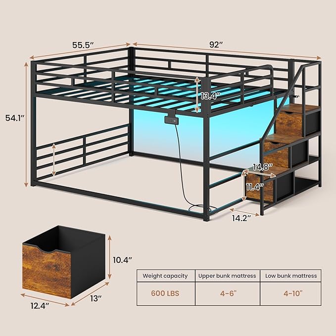 ADORNEVE Low Bunk Bed Full Over Full with Stairs, 3 Storage Drawers & Power Outlet, Full Size Metal Floor Bunk with RGB Lights & Shelves, Space-Saving Kids Bed, Black & Brown