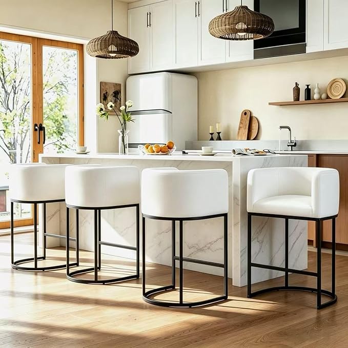 26" H Counter Height Bar Stools Set of 2, Modern Barrel Counter Stools with Backrest and Arms, Linen Fabric Upholstered Accent Barstools for Kitchen Island,Support 450 LBS (White)