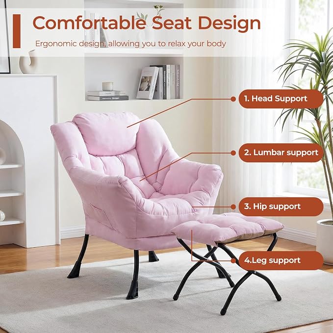 TLSUNNY Lazy Chair with Foldable Ottoman, Modern Comfy Lounge Chair, Large Sofa Armchair with Footrest and a Side Pocket, Reading Chair with Footstool for Bedroom, Living Room, Dorm (Pink)
