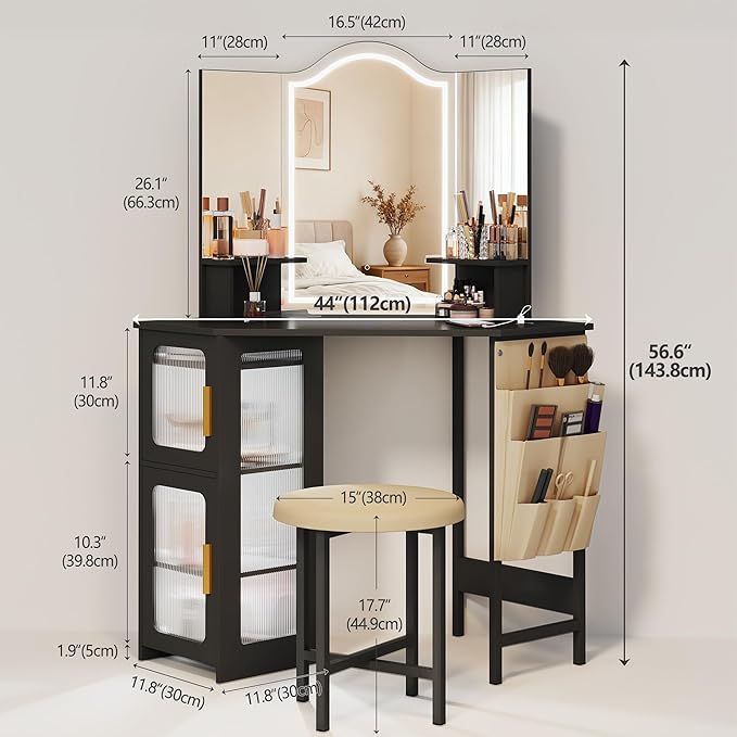 LVSOMT Corner Vanity Desk with Mirror and Lights, Makeup Vanity with Charging Station, Dressing Table with 3 Lighting Options, Vanity Set with Stool, Women’s Vanity for Bedroom, Black
