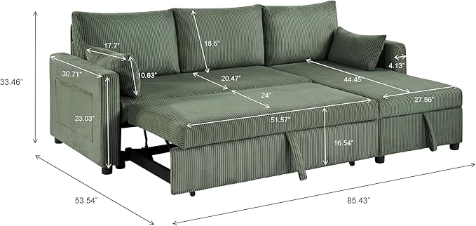 Sectional Sleeper Sofa with Pull Out Bed, L Shape Convertible Sofa Bed Couch with Storage Chaise, 3 in 1 Pull Out Sofa Bed with 3 Seats for Living Room,Apartment, Green, 85Inch