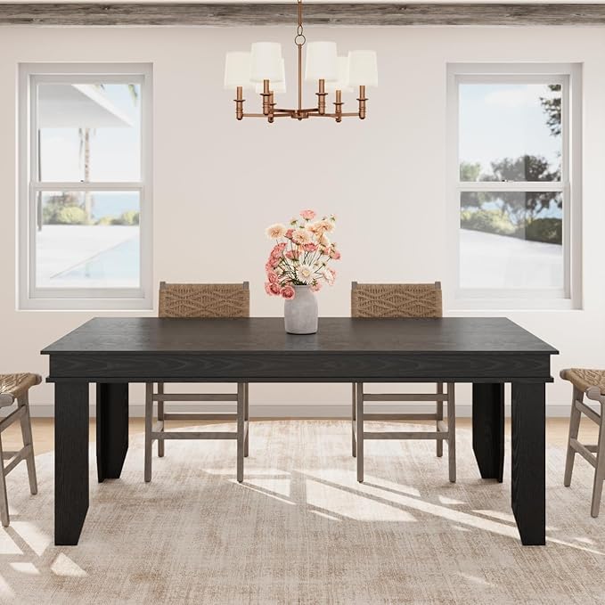 GarveeHome Farmhouse Dining Table for 6-8 People, 71 in Long Kitchen Tables with Wooden Sturdy Frame, 6 ft Large Rectangular Dinner Table for Dining Room, Kitchen (Black, 71" Non-extendable)