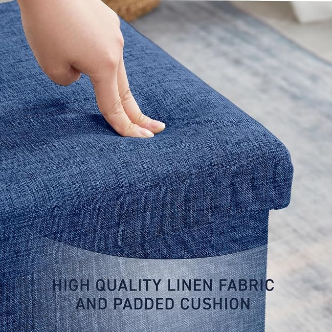 Ornavo Home Folding Storage Ottoman, 15 Inch Storage Cube with Lid, Foot Rest Stool for Bedroom, Living Room, Entryway, Tufted Linen Upholstered - Navy Blue