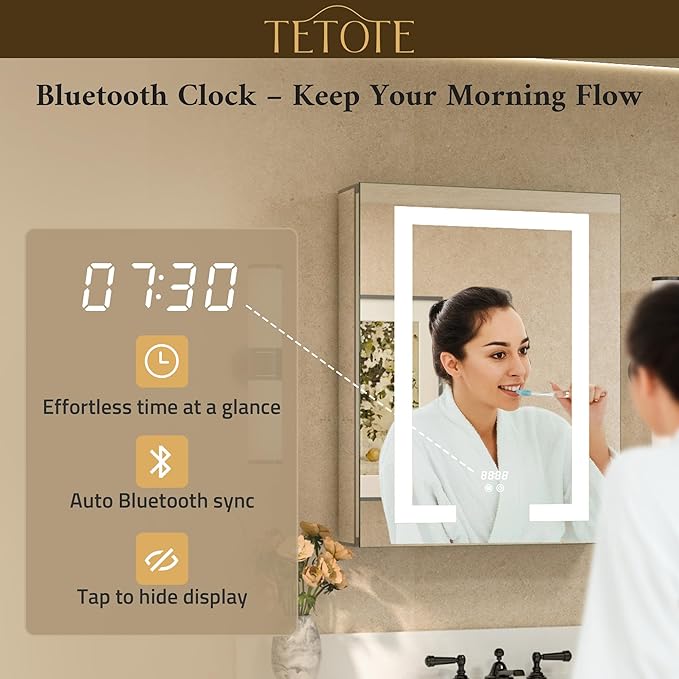 TETOTE LED Lighted Bathroom Medicine Cabinet Mirror with Lights 36 x 24 Recessed or Wall Mounted Cabinet with 2 Door, Tempered Glass, Outlets & USB, 3-Color Stepless Dimming, Defog, Adjustable Shelf
