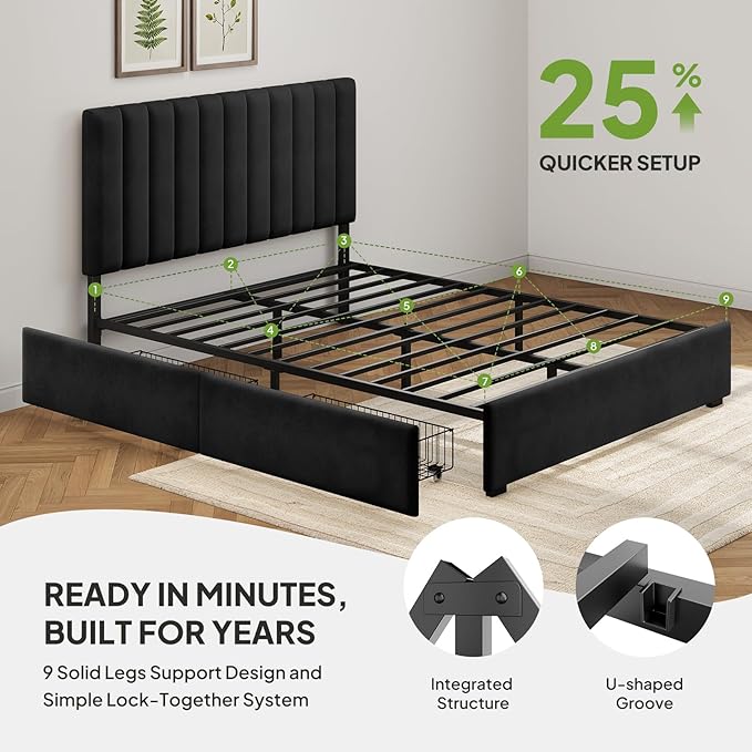 Welzona Bed Frame Full Size with Storage and Headboard, Velvet Upholstered Metal Platform Bed Frame with Vertical Tufted Headboard, 2 Storage Drawers, 3-Height Level, Noise Free Easy Assembly, Black